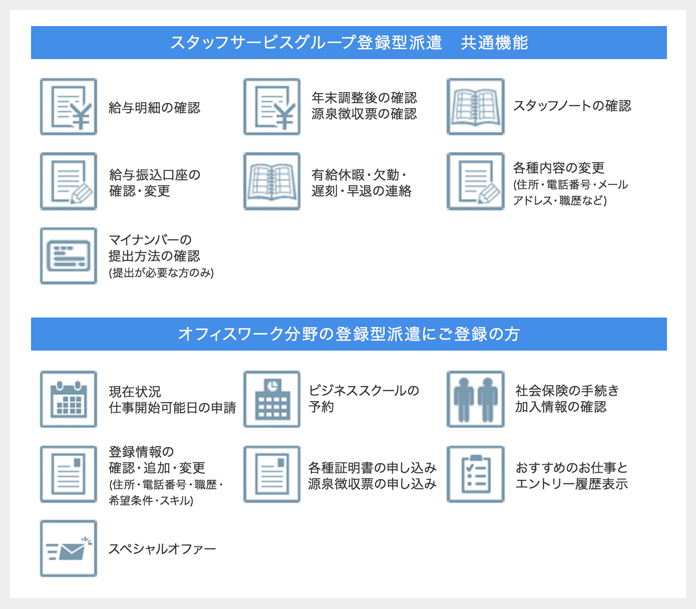 スタッフサービスグループ登録型派遣 共通機能 ・給与明細の確認 ・年末調整後の確認・源泉徴収票の確認 ・スタッフノートの確認 ・給与振り込み口座の確認・変更 ・有給休暇・欠勤・遅刻・早退の連絡 ・各種内容の変更(住所・電話番号・メールアドレス・職歴など) ・マイナンバーの提出方法の確認(提出が必要な方のみ) オフィスワーク分野の登録型派遣にご登録の方 ・現在状況・仕事開始可能日の申請 ・ビジネススクールの予約 ・社会保険の手続き・加入情報の確認 ・登録情報の確認・追加・変更(住所・電話番号・職歴・希望条件・スキル) ・各種証明書の申し込み・源泉徴収票の申し込み ・おすすめのお仕事とエントリー履歴表示 ・スペシャルオファー